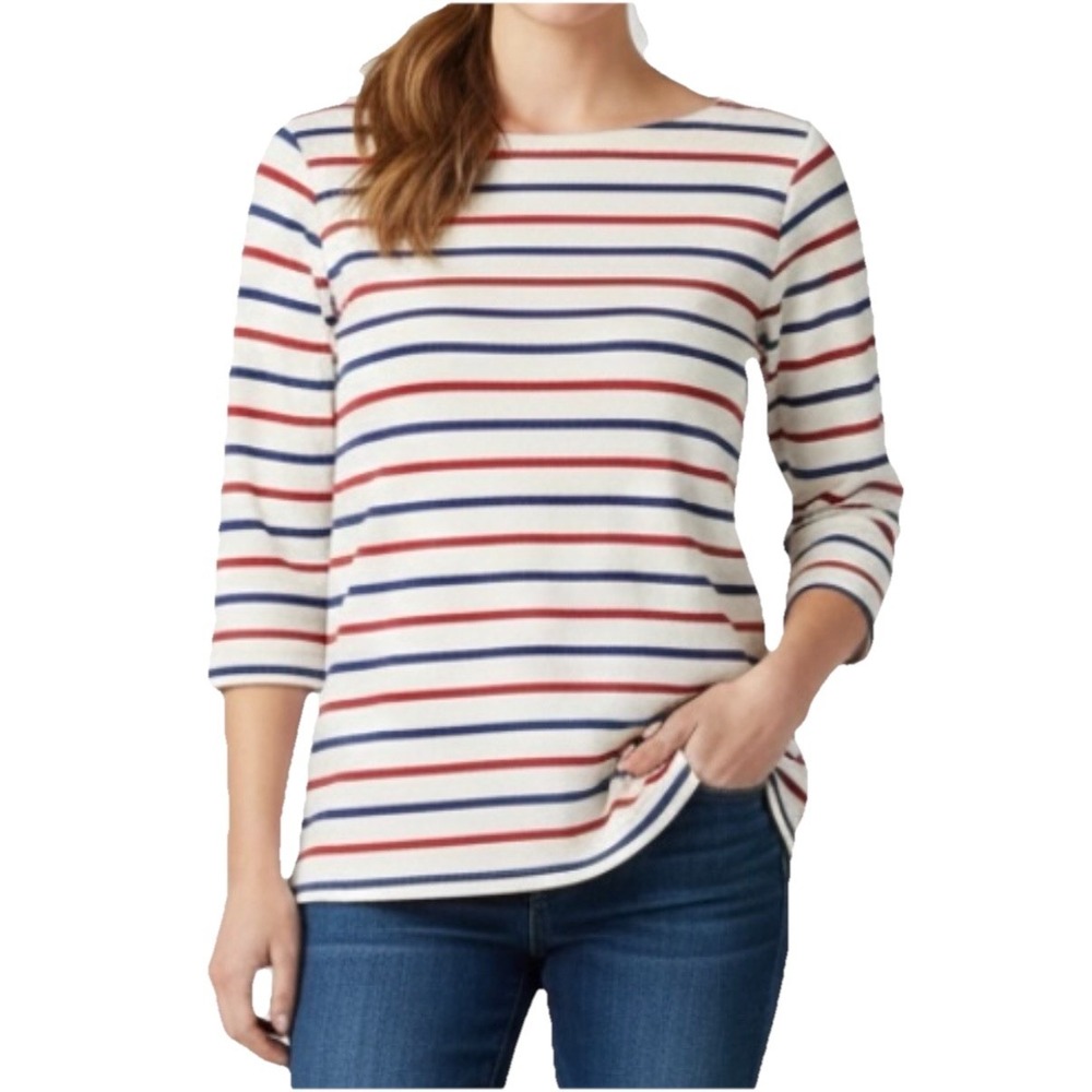 LL Bean French Sailor Boat Neck Striped Knit Top Red Blue Size 1X Casual
